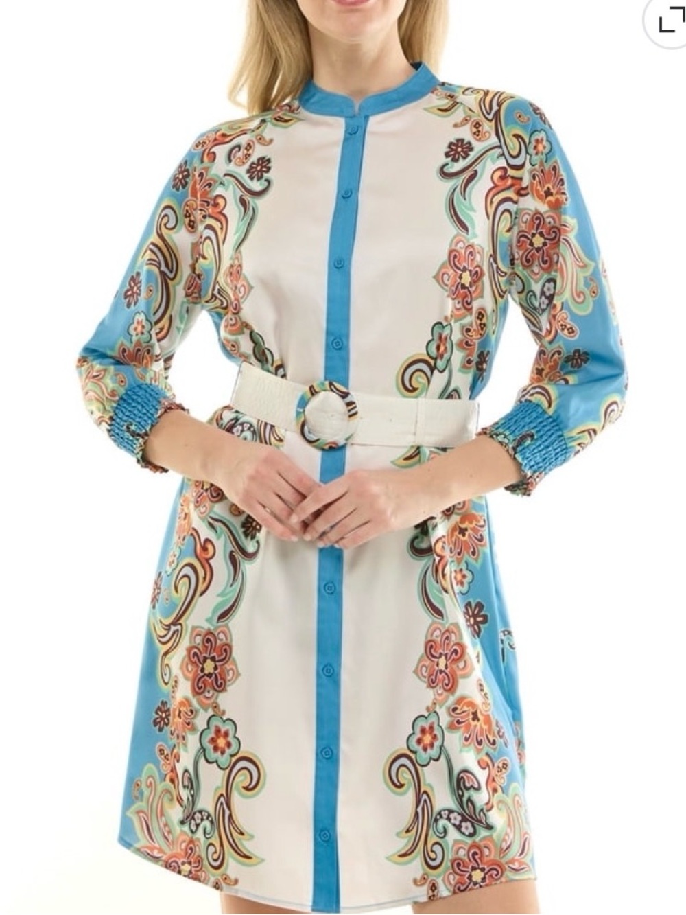 NWT Nanette Lepore Women’s XL Blue Ivory Paisley Mirror Print Belted Shirt Dress